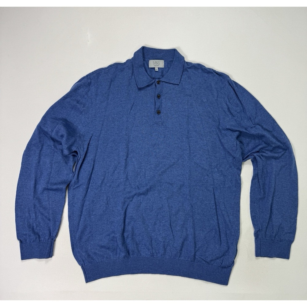 Marks and Spencer Men 2XL Blue Cotton Blend Polo Sweater Preppy Pullover Knit